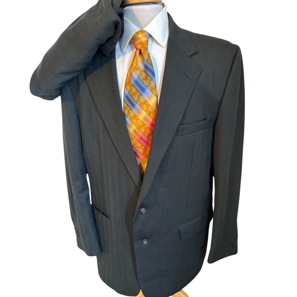 Bert Pulitzer 2pc Suit 44R Pants 38 x 29  Wool Polyester Green Striped  VTG USA